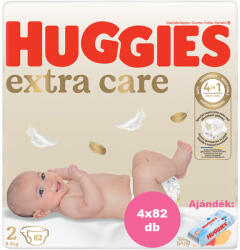 Huggies Extra Care 2-es pelenka 3-6 kg, 328 (4x82) db - 2 HAVI pelenkacsomag + AJÁNDÉK Huggies törlőkendő