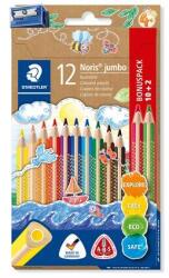 STAEDTLER Színes ceruza készlet, háromszögletű, vastag, hegyezővel, STAEDTLER Noris Jumbo 128, 10+2 különböző szín