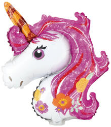 PartyPal Fólia lufi, mini forma, Unikornis fej, rózsás 33x51 cm