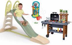 Smoby Set tobogan cu dublu val și grătar cu apă curgătoare Toboggan XL Life Smoby lungimea suprafeței de alunecare 230 cm și cărucior de grădină cu unelte (SM820304-10)