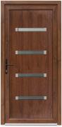 Bastion Usa intrare PVC Moss, 5 camere izolare, 980x2000 mm, deschidere stanga privit din interior, alb interior / nuc exterior