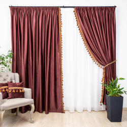 Hiko Set 2 draperii Hiko Comfy Lux catifea rosie marsala, cu banda ciucuri din vascoza, cu rejansa (100003122)