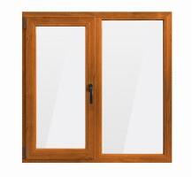Bastion Fereastra PVC cu geam termopan, profil BASTION 70 - 5 camere izolare, stejar auriu, 116x116 cm, 1 canat fix, 1 canat oscilobatant, deschidere stanga