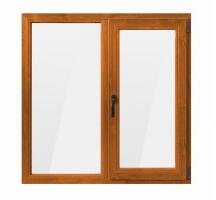 Bastion Fereastra PVC cu geam termopan, profil Bastion - 5 camere izolare, stejar auriu, 116x116 cm, 1 canat fix, 1 canat oscilobatant, deschidere dreapta