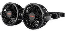 AMiO Ventilátor 12V szivargyújtós 2x10 cm (4") átmérőjű állítható rotorral, fejtámlára, 2db USB töltővel - AMIO