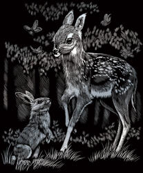  Képkarcoló készlet karctűvel - 20x25 cm - Ezüst - Nyuszi és őzike