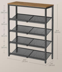 VASAGLE Ipari Stílusú 5-Szintes Cipőtároló Állvány Méztölgy-Fekete (EUZ-LBS038K01) - platinashop