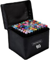 Invincio 80 színű INVINCIO dupla marker készlet, professzionális ceruzák, élénk alkohol alapú színek, 2 ellenálló hegy, 1 vékony kerek hegy a kontúrokhoz és a részletekhez, 1 széles hegy a kitöltéshez és vasta