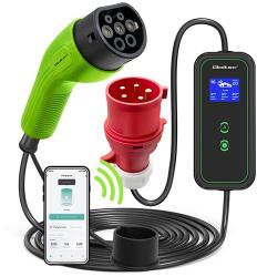 Qoltec Mobil EV töltő állítható 2in1 Type2 | 11kW | CEE 5 PIN | Wi-fi | LCD | 3 fázis | Hordozható | Fali töltő | 5m (52478)