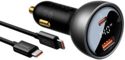 Baseus Incarcator auto Baseus CGZX070001USB QC3.0, Type-C PD3.1, 140W, Digital Display, 16A + Type-C Cable 240W, 1m