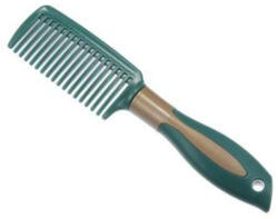  Sötétzöld lapos fésű, műanyag, zöld-arany színű, 21, 5 x 4, 5 cm