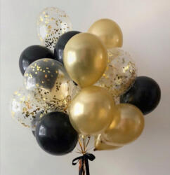  18 db-os alkalmi léggömb szett, metál arany-és fekete színű, kb 30 cm /db