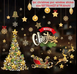  Ablak matrica, karácsonyfával, rénszarvas hintóval, díszekkel, arany színű, pvc