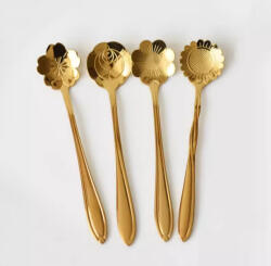 Virág formájú rozsdamentes acél desszertes kiskanál, 4 db, változó minta, aranysárga, 12, 8 cm