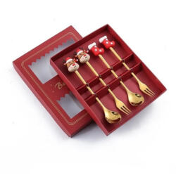 Nut Karácsonyi rozsdamentes acél desszertes villa és kanál szett, 4 részes, két mikulás és két csizma végű, arany színű