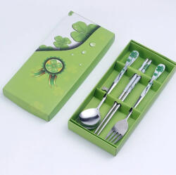  3 részes rozsdamentes acél evőeszköz szett pálcikával, zöld díszdobozban, 21 x 10 cm