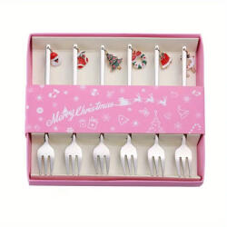  6 részes rozsdamentes acél desszertes villa, ezüst színű, a végén karácsonyi függő dísszel, díszdobozban