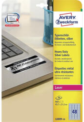 AVERY Etikett címke, 45, 7 x21, 2mm, ipari poliészter, 48 címke/ív, 20 ív/doboz, Avery ezüst (L6009-20) - toptoner