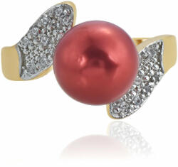  Arannyal Bevont Ezüst Gyűrű Vörös Édesvízi Gyönggyel és Fehér Topázzal, XELP26/59