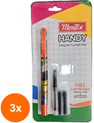 Montex Set 3 x Stilou Scolar cu Cartuse sau Umplere Convertor, Penita din Otel Inoxidabil Ranforsat, Handy (HOK-3xKH-MSTI HAN)
