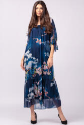 SHOPIKA Rochie lunga din matase si vascoza, cu imprimeu flori de cires pe fond bleumarin Talie unica