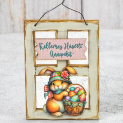  Húsvéti ablakkeret dísz - sapkás nyuszkó kosár tojással 15*11cm 7985F2