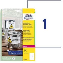 Avery zweckform Etikett, 210x297 mm, poliészter, időjárásálló, 210x297 mm, AVERY ZWECKFORM, fehér, 20 etikett/csomag (L4775-20) - nyomtassingyen