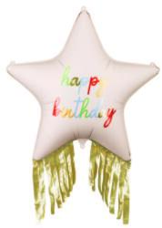 PartyDeco S. r. o Fólia lufi, csillag alakú, happy birthday, rojtokkal 72 x 72 cm