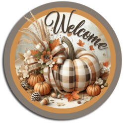  Nyomtatott fa tábla koszorú közép - Welcome kockás tökkel 11, 8cm 2676
