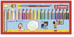 STABILO woody 3 în 1 creioane - creion, creion, pix cu ceară - 18 buc + răzătoare și perie