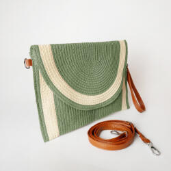 SHOPIKA Geanta plic impletita crossbody, cu bareta de umar si de mana, verde cu bej deschis
