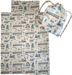  Aztadejó vonatos, repülős bölcsis ovis ágyneműhuzat hátizsákba csomagolva 100x135 cm 40x50 cm (AZTAAGY4)