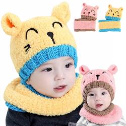 Linovit Store Téli sapka és sál szett gyerekeknek, macska mintás, 6-24 hónapos korig, Sárga (fcg1)