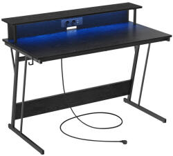VASAGLE Számítógép asztal, gaming asztal, beépített LED fénnyel és elosztóval, fekete, 60x120x76cm (LWD192B56)