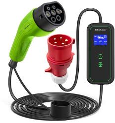 Qoltec Mobil EV töltő állítható 2in1 Type2 | 11kW | CEE 5 PIN | LCD | 3 fázis | Hordozható | Fali töltő | 5m (52475)