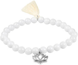 Troli Fehér achát gyöngy karkötő lótuszvirággal és bojttal 20 cm