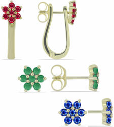  Arannyal Bevont Ezüst Fülbevaló Szett Madagaszkári Rubinnal és Brazil Smaragddal