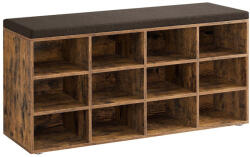 VASAGLE Cipőtároló pad, 12 rekesszel, párnázott ülőfelülettel, rusztikus barna 104x30x48cm (LHS012B01)