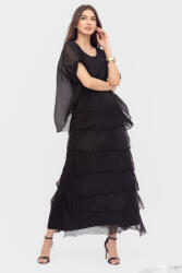 SHOPIKA Rochie neagra din matase si vascoza cu volane franjurate suprapuse Talie unica