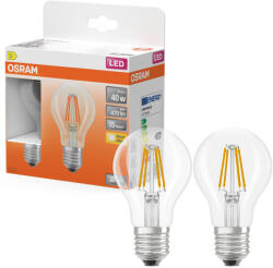 OSRAM E27 LED 3, 4W, 470 lm, 2700 K, melegfehér, áttetsző üveg-40 W normál izzó helyett, 2 darabos - Star Classic A filament (4099854468551)