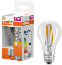 OSRAM E27 LED 5, 9W, 806 lm, 2700 K, melegfehér, áttetsző üveg-60 W normál izzó helyett - Star Classic A filament (4099854467912)
