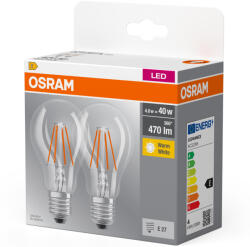 OSRAM E27 LED 4W, 470 lm, 2700 K, melegfehér, áttetsző üveg-40 W normál izzó helyett, 2 darabos - Classic A 40 filament (4099854090202)