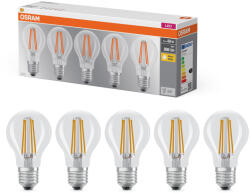 OSRAM E27 LED 7W, 806 lm, 2700 K, melegfehér, áttetsző üveg-60 W normál izzó helyett, 5 darabos - Base Classic A 60 filament (4058075090569)