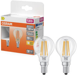OSRAM E14 LED kisgömb, 3, 4W, 470 lm, 2700 K, melegfehér, áttetsző üveg-40 W izzó helyett, 2 darabos - Superstar Classic P filament (4099854469176)