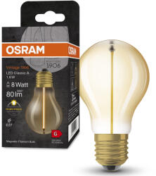 OSRAM E27 LED 1, 8W, 80 lm, 2700 K, melegfehér, arany színű színű üveg-10 W izzó helyett - Vintage 1906 Classic A Gold filament (4099854049996)