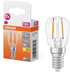 OSRAM E14 LED 2, 2W, 110 lm, 2700 K, melegfehér, áttetsző üveg-10 W izzó helyett, 2 darabos - Special T26 filament (4099854069932)