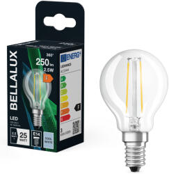 Bellalux E14 LED kisgömb, 2, 5W, 250 lm, 4000 K, hidegfehér, áttetsző üveg-25 W izzó helyett - Classic P filament (4058075592254)