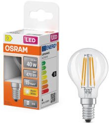 OSRAM E14 LED kisgömb, 3, 4W, 470 lm, 2700 K, melegfehér, áttetsző üveg-40 W izzó helyett - Superstar Classic P filament (4099854468759)