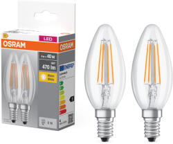 OSRAM E14 LED gyertya, 4W, 470 lm, 2700 K, melegfehér, áttetsző üveg-40 W izzó helyett, 2 darabos - Base Classic B filament (4099854090226)