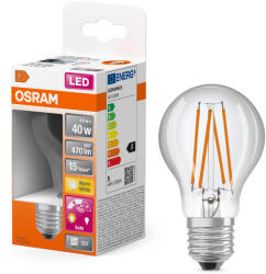 OSRAM E27 LED 4, 9W, 470 lm, 2700 K, melegfehér, áttetsző üveg-40 W normál izzó helyett - Star+ Classic A 40 filament (4058075761957)